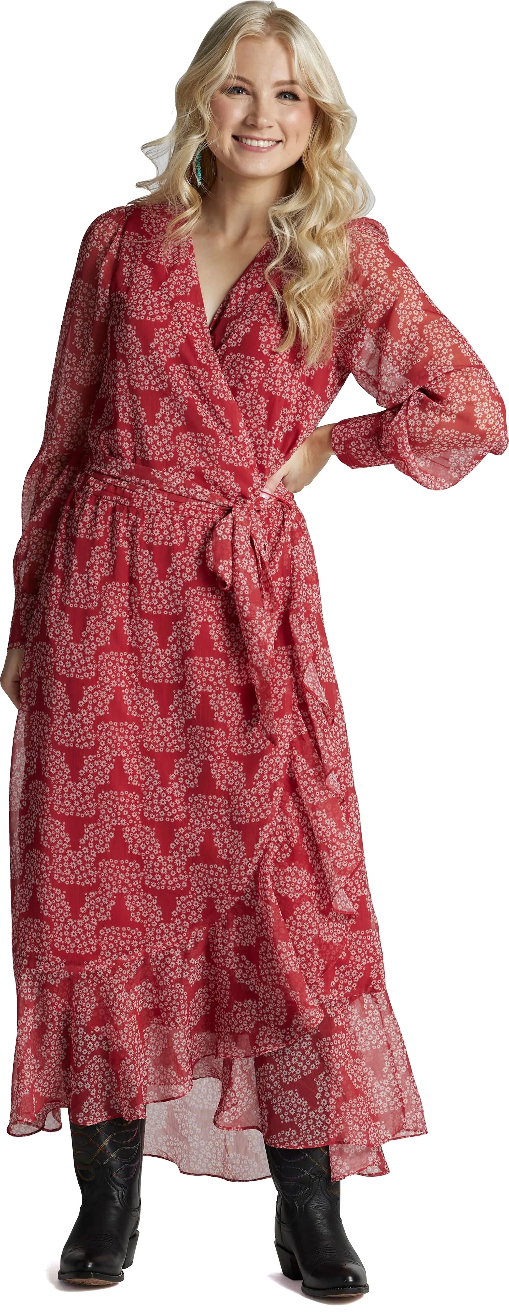 Justin Ladies Red Floral Skull Wrap Maxi Dress