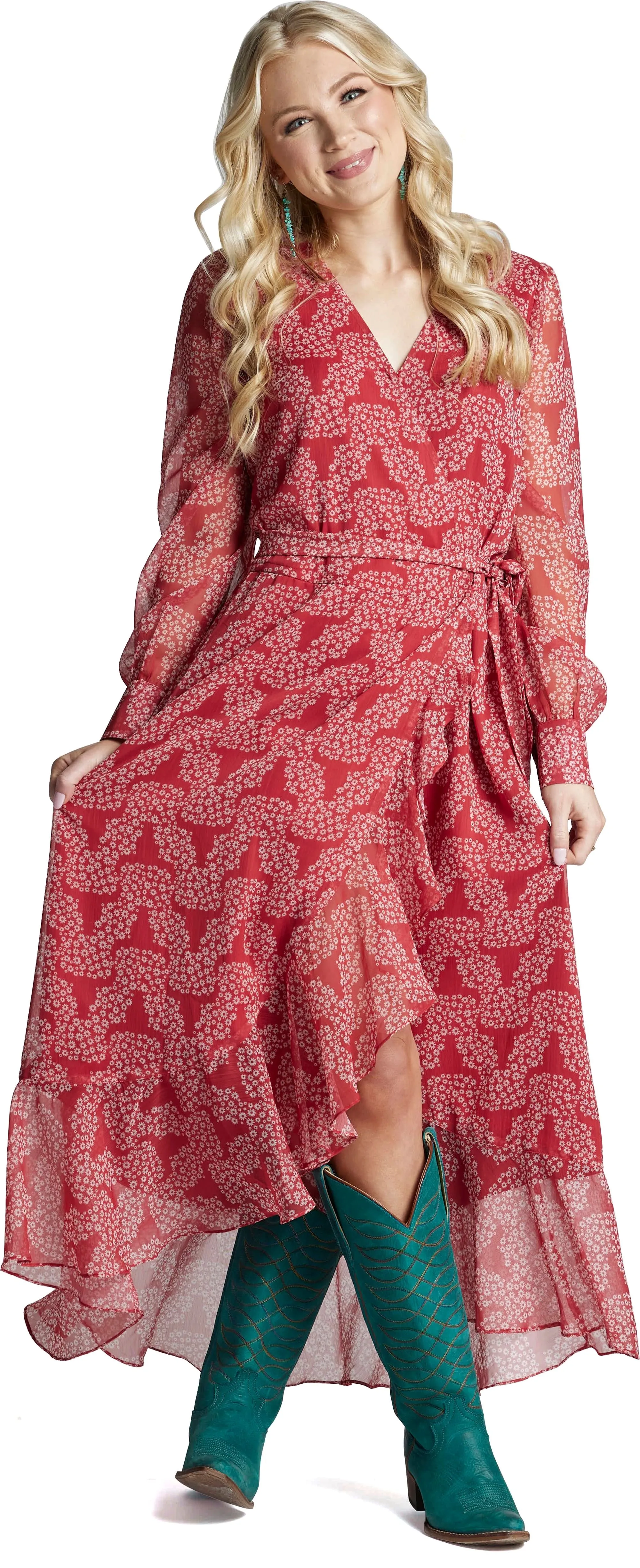 Justin Ladies Red Floral Skull Wrap Maxi Dress