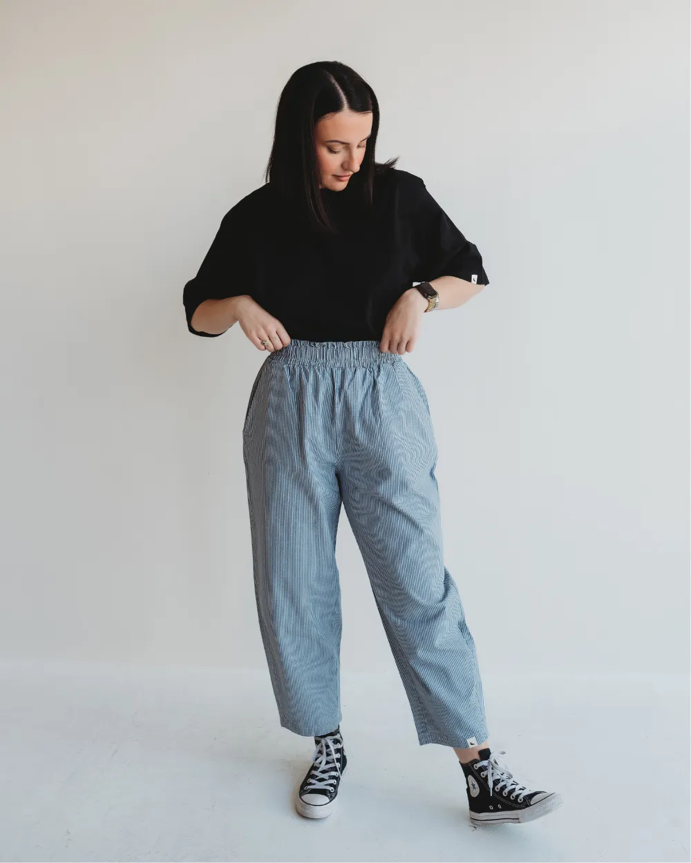 Kate Blue Pinstripe Print Barrel Leg Trousers