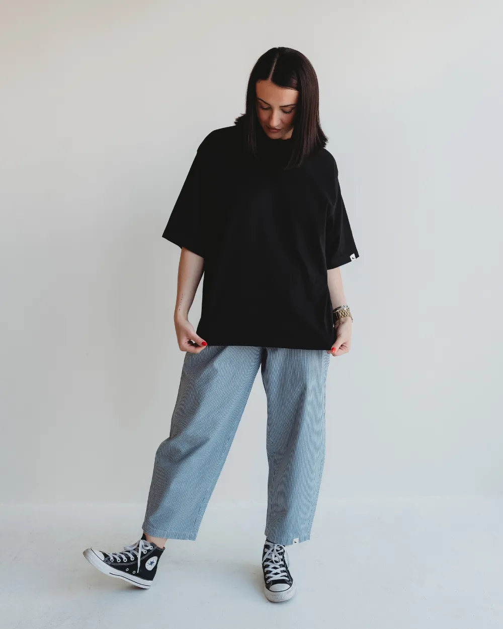 Kate Blue Pinstripe Print Barrel Leg Trousers