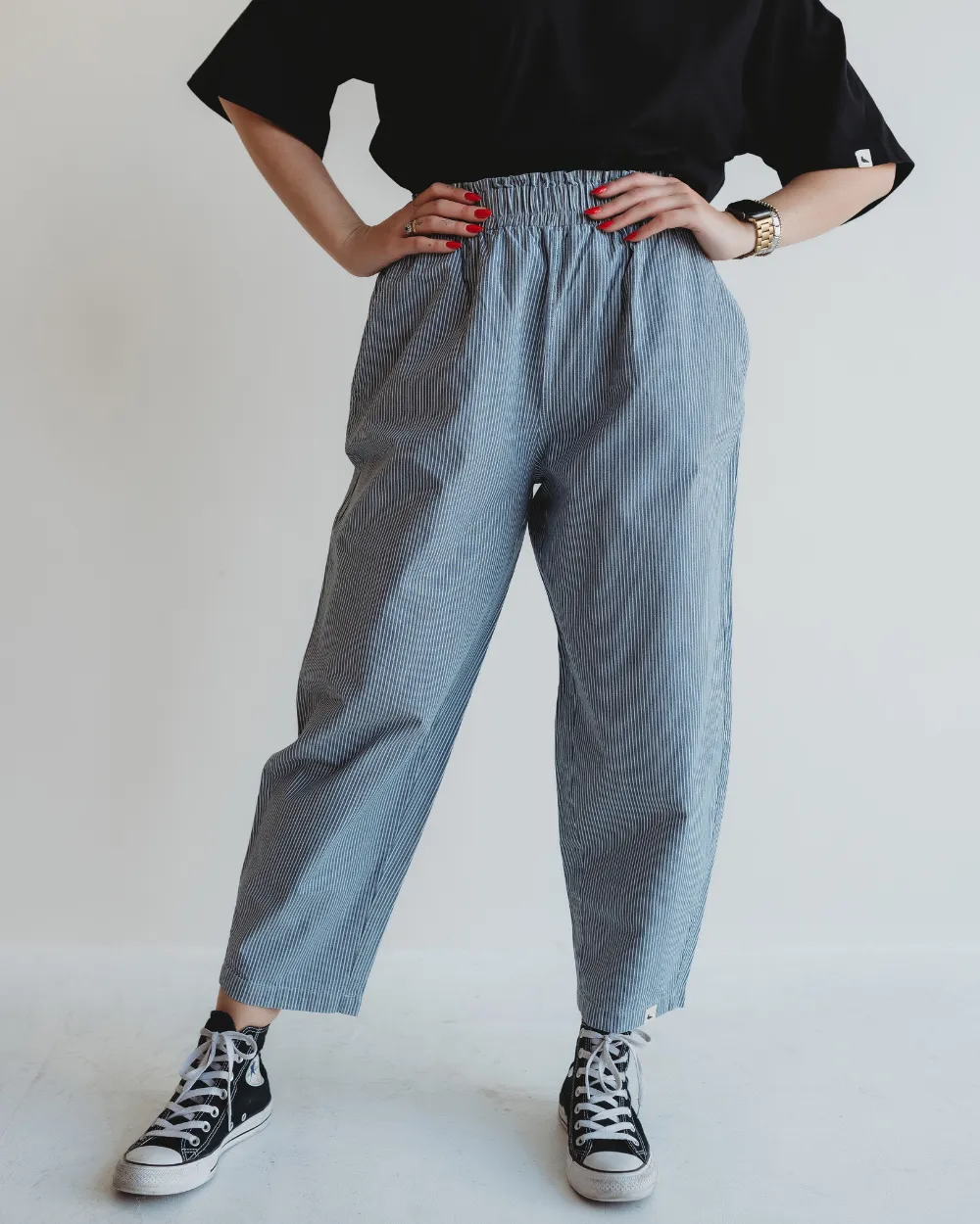 Kate Blue Pinstripe Print Barrel Leg Trousers