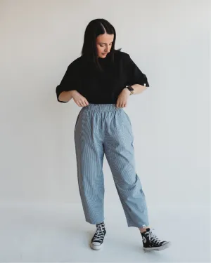 Kate Blue Pinstripe Print Barrel Leg Trousers
