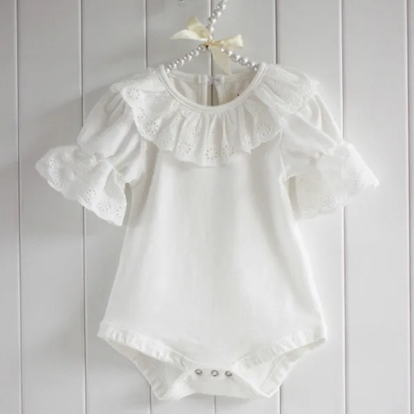 Kid Baby Ruffled Lace Collar Bodysuit Romper Pink Short-Sleeved Shirt Jumpsuit