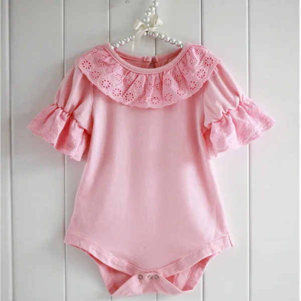 Kid Baby Ruffled Lace Collar Bodysuit Romper Pink Short-Sleeved Shirt Jumpsuit