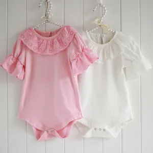 Kid Baby Ruffled Lace Collar Bodysuit Romper Pink Short-Sleeved Shirt Jumpsuit