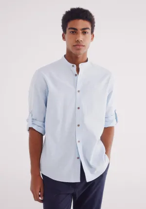 Linen Shirt With Mandarin Collar - Blue