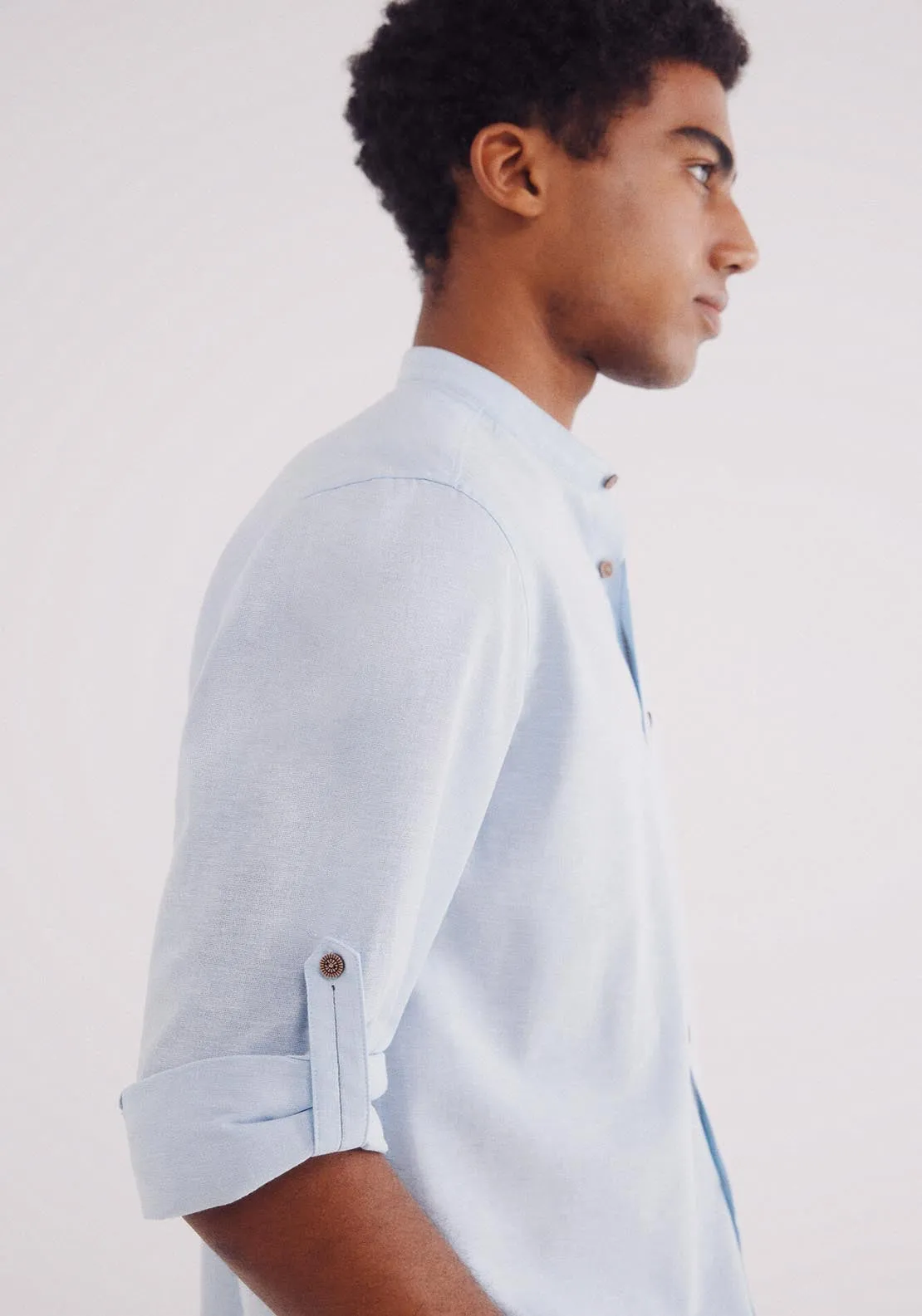 Linen Shirt With Mandarin Collar - Blue