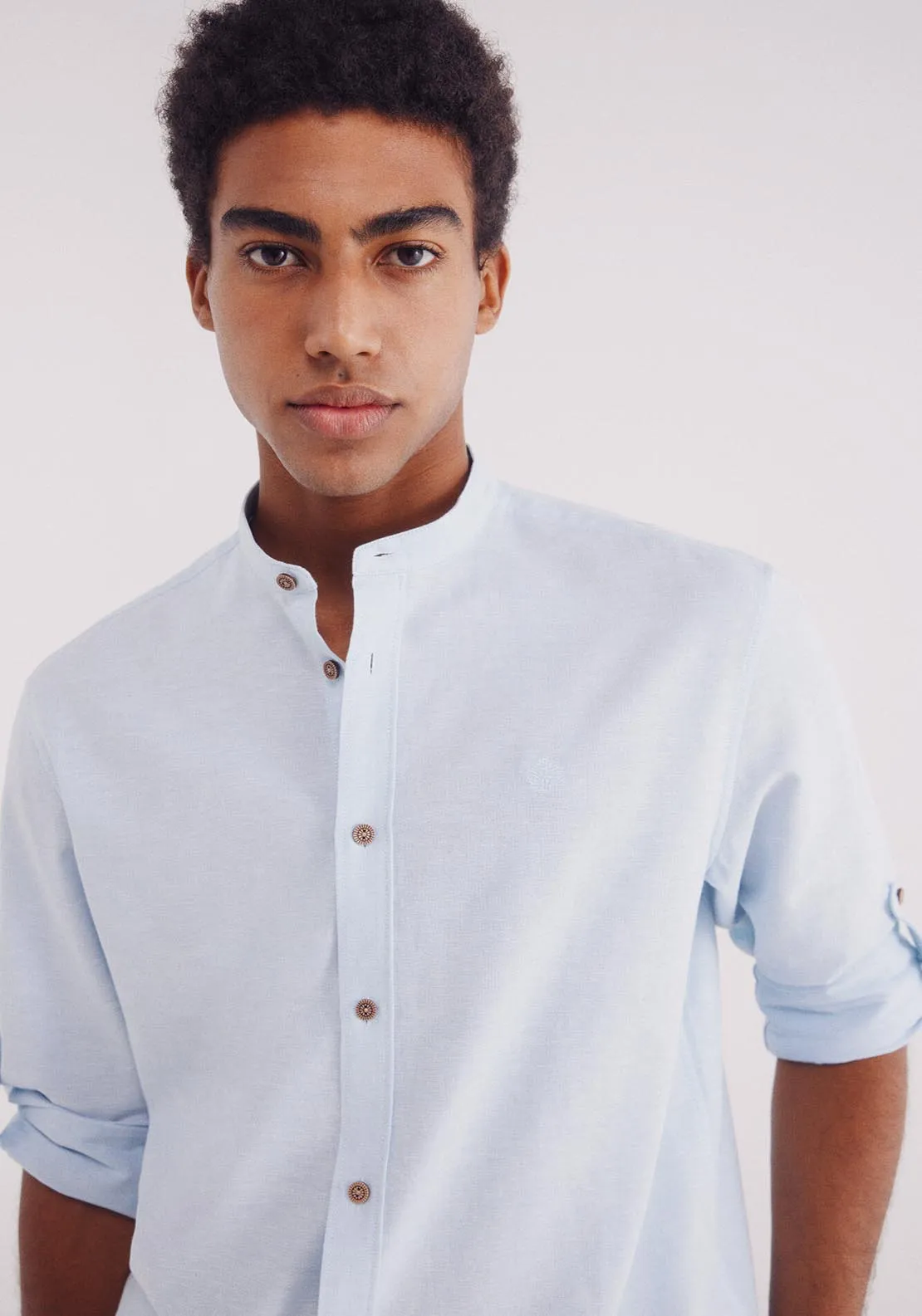 Linen Shirt With Mandarin Collar - Blue