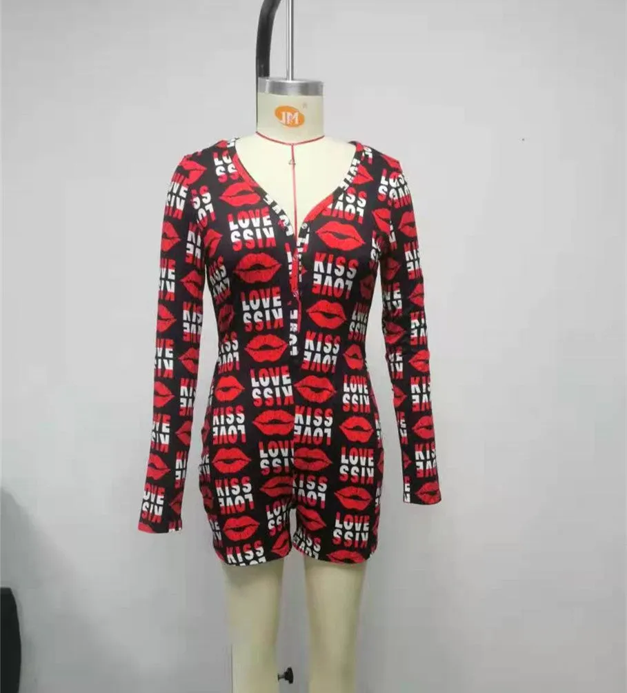 Lip print short sleeve V-neck jumpsuit（AY1641）