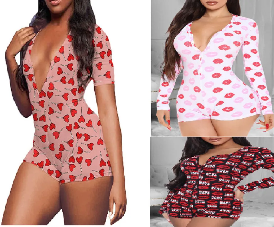 Lip print short sleeve V-neck jumpsuit（AY1641）