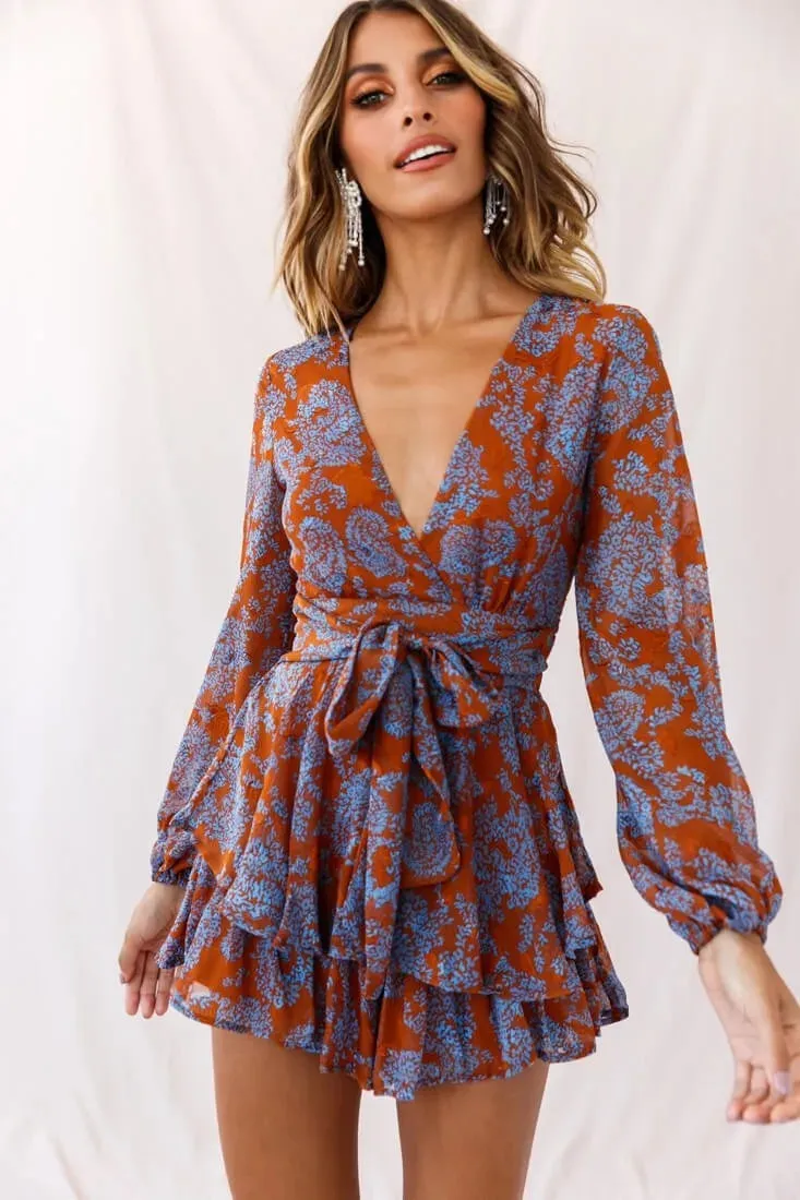 Long Sleeve Floral Print Bohemian Ruffles V Neck Rompers Dress