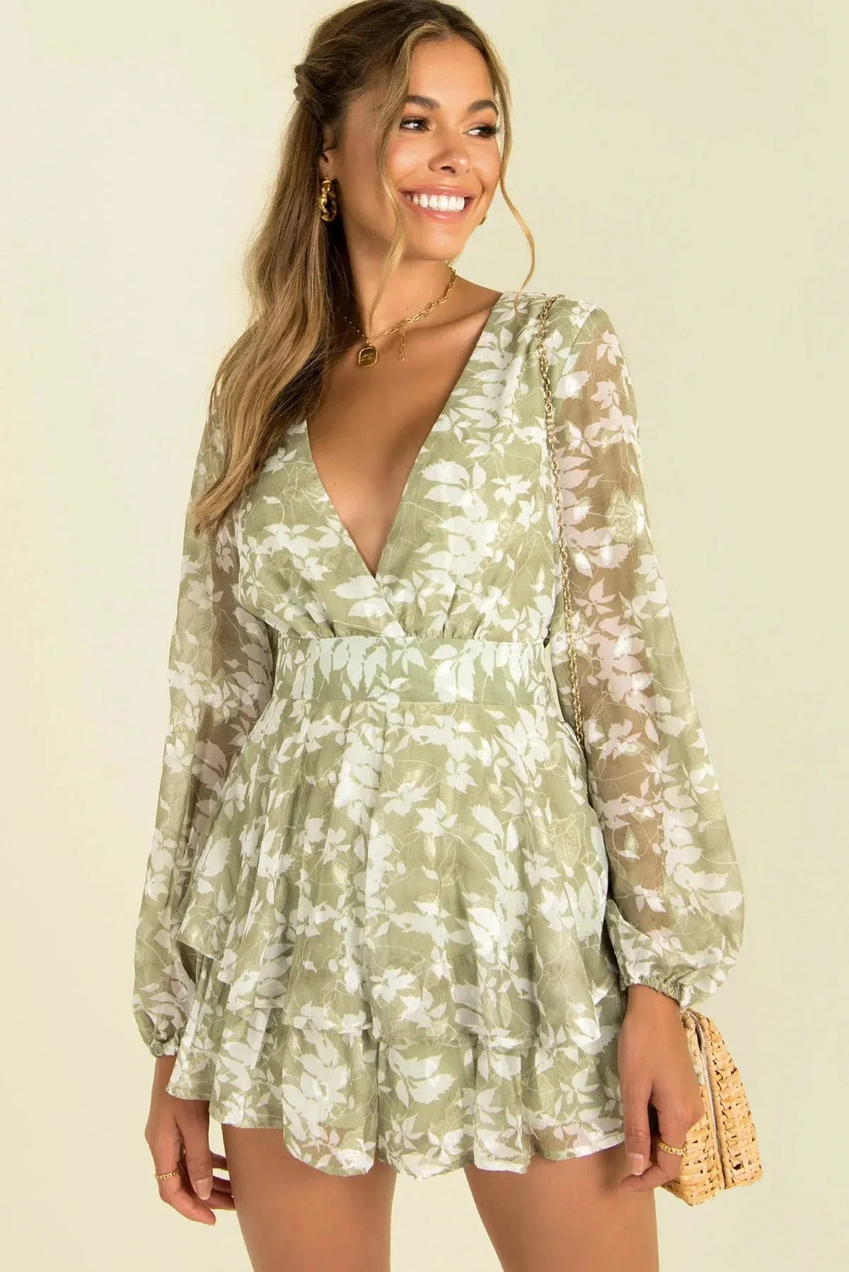 Long Sleeve Floral Print Bohemian Ruffles V Neck Rompers Dress