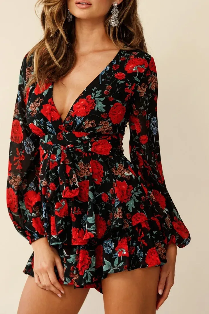 Long Sleeve Floral Print Bohemian Ruffles V Neck Rompers Dress