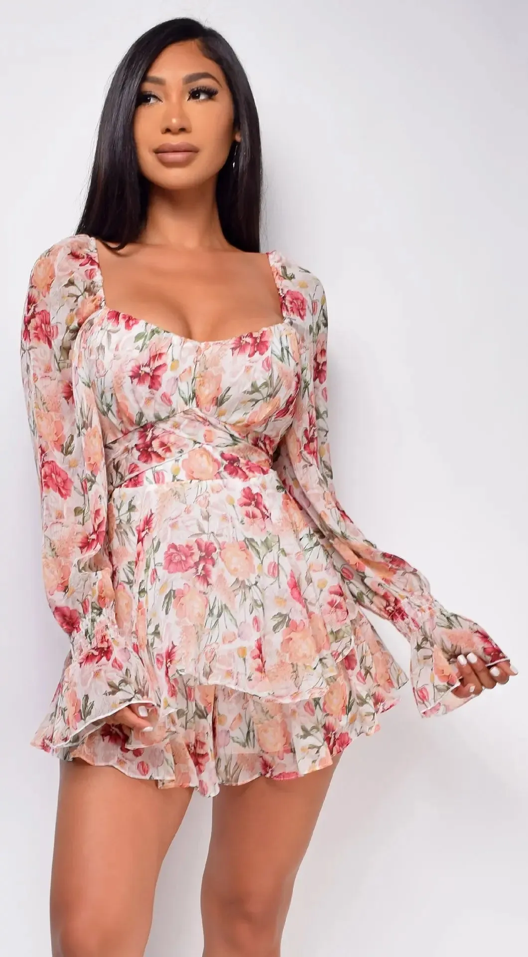 Long Sleeve Floral Print Bohemian Ruffles V Neck Rompers Dress