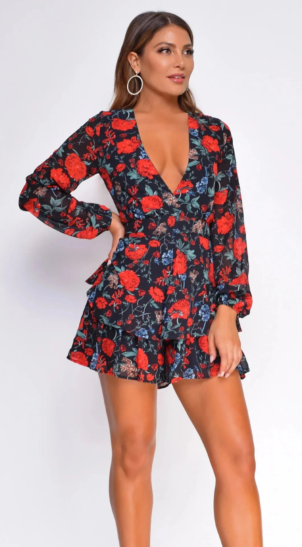 Long Sleeve Floral Print Bohemian Ruffles V Neck Rompers Dress