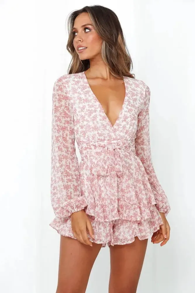 Long Sleeve Floral Print Bohemian Ruffles V Neck Rompers Dress