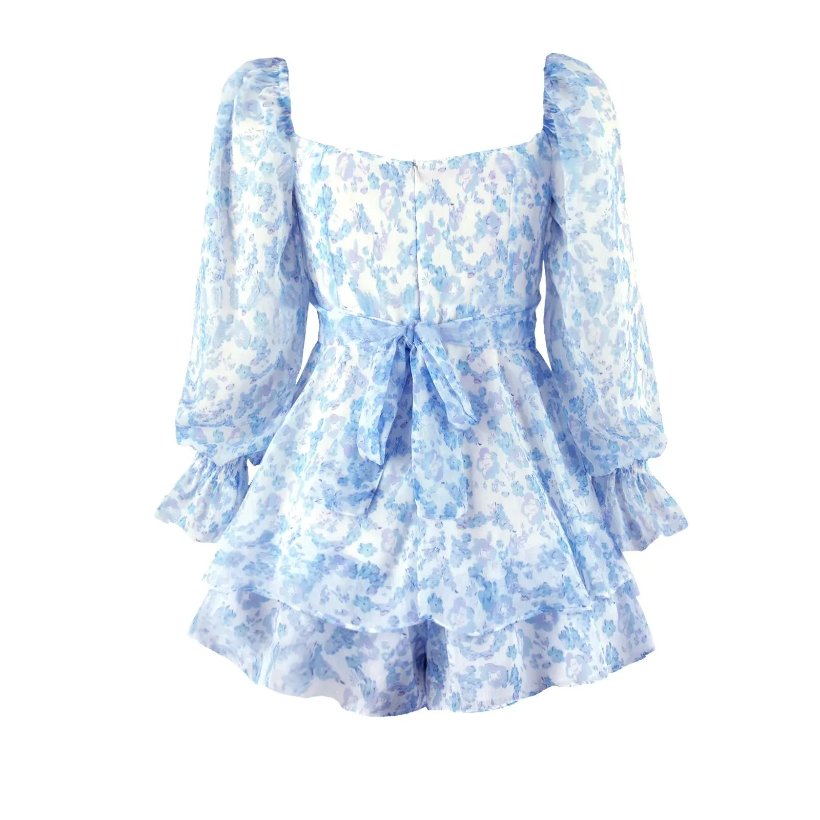 Long Sleeve Floral Print Bohemian Ruffles V Neck Rompers Dress