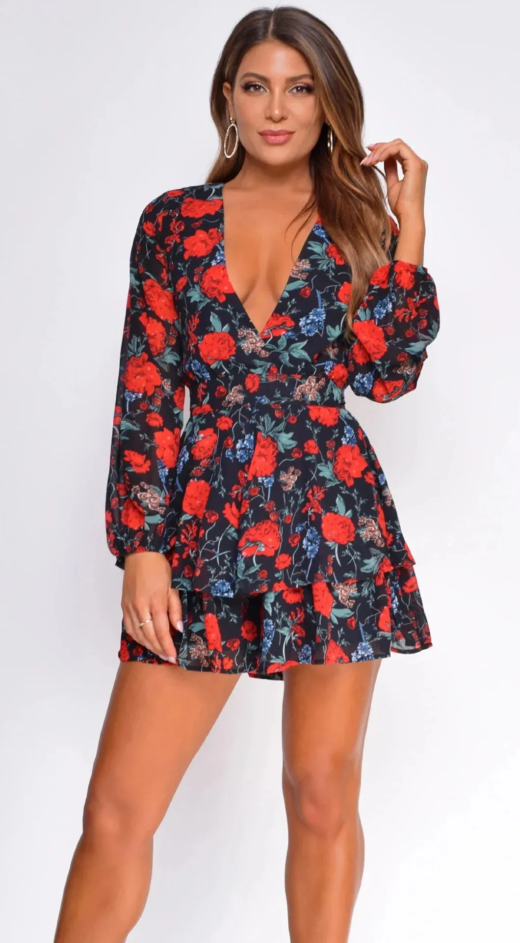 Long Sleeve Floral Print Bohemian Ruffles V Neck Rompers Dress