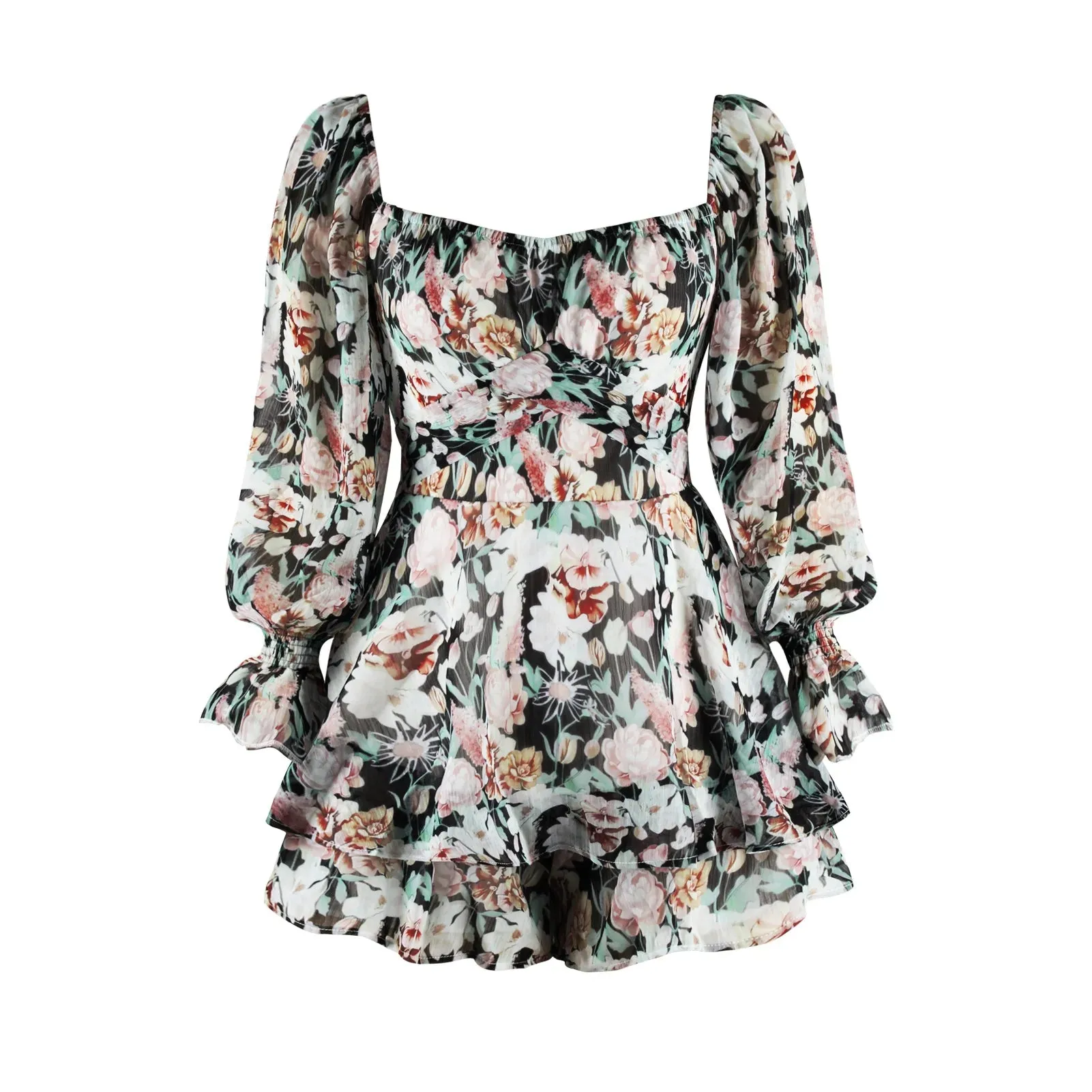 Long Sleeve Floral Print Bohemian Ruffles V Neck Rompers Dress