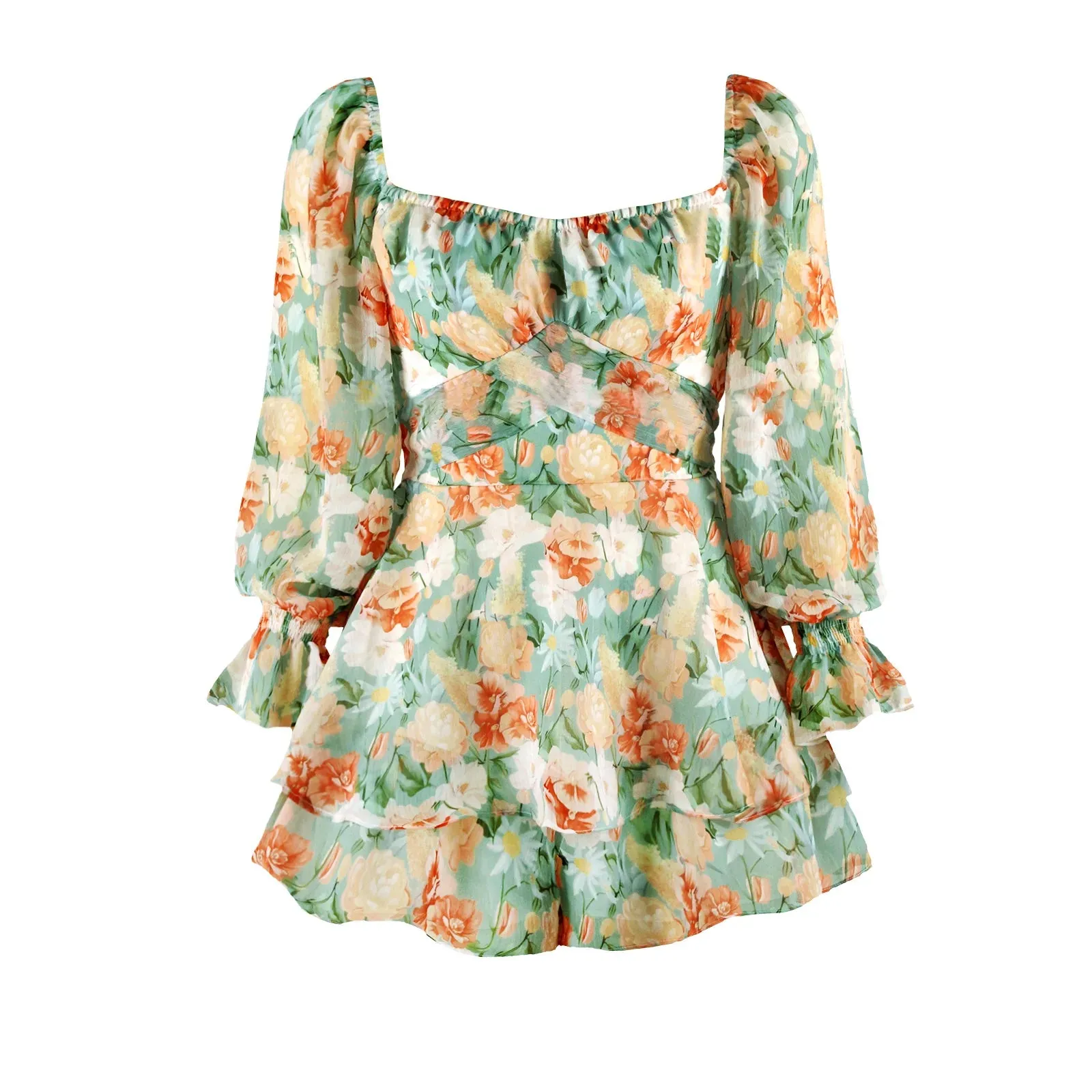 Long Sleeve Floral Print Bohemian Ruffles V Neck Rompers Dress