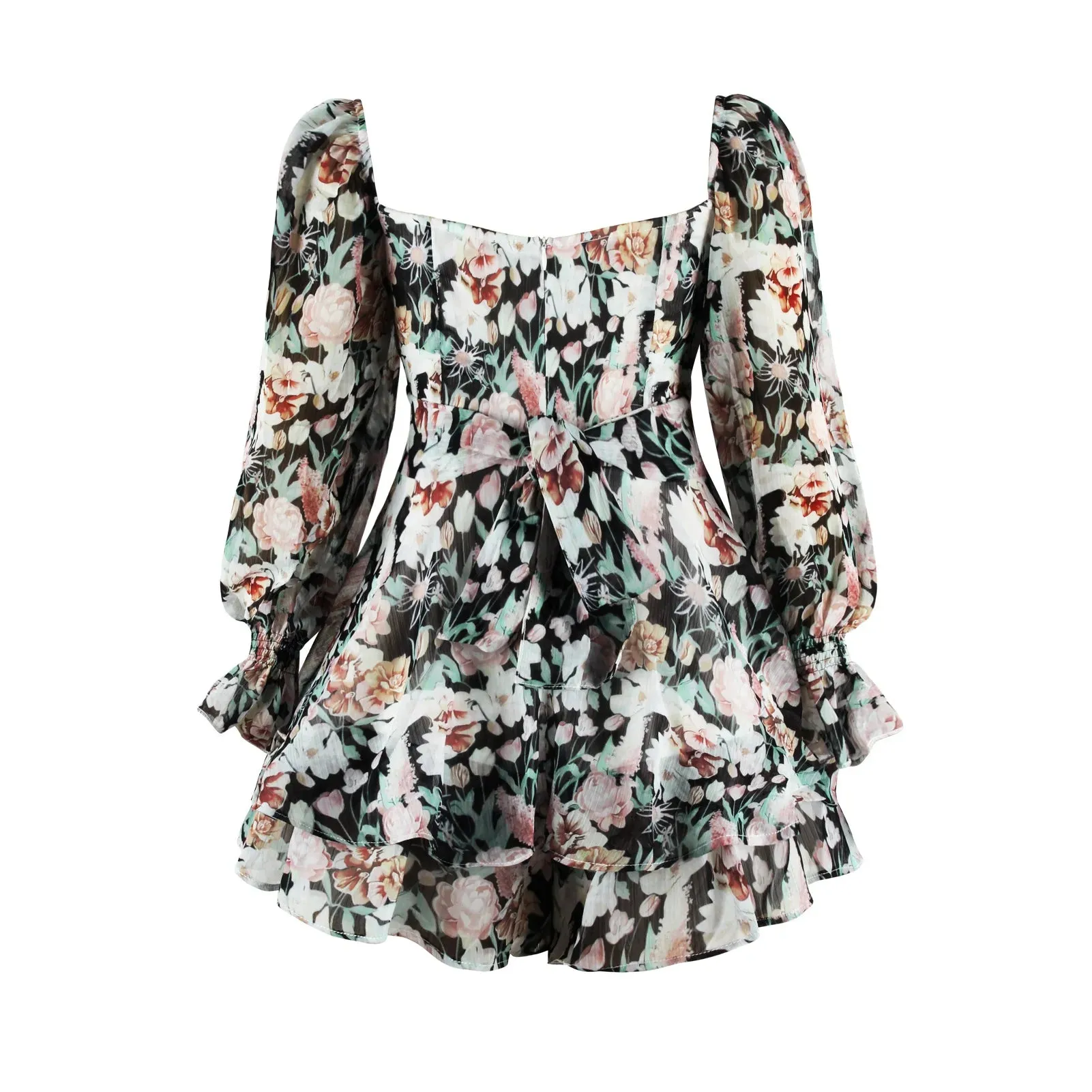 Long Sleeve Floral Print Bohemian Ruffles V Neck Rompers Dress