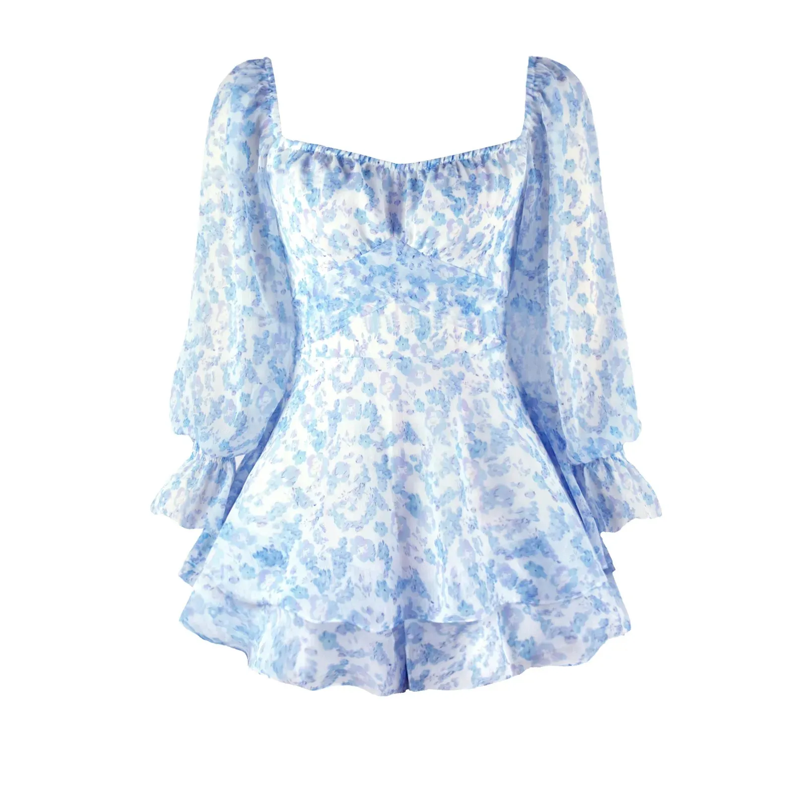 Long Sleeve Floral Print Bohemian Ruffles V Neck Rompers Dress