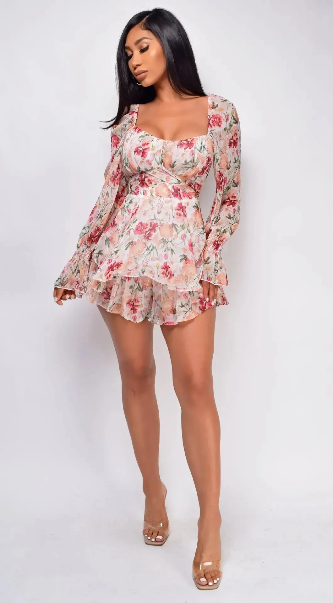 Long Sleeve Floral Print Bohemian Ruffles V Neck Rompers Dress