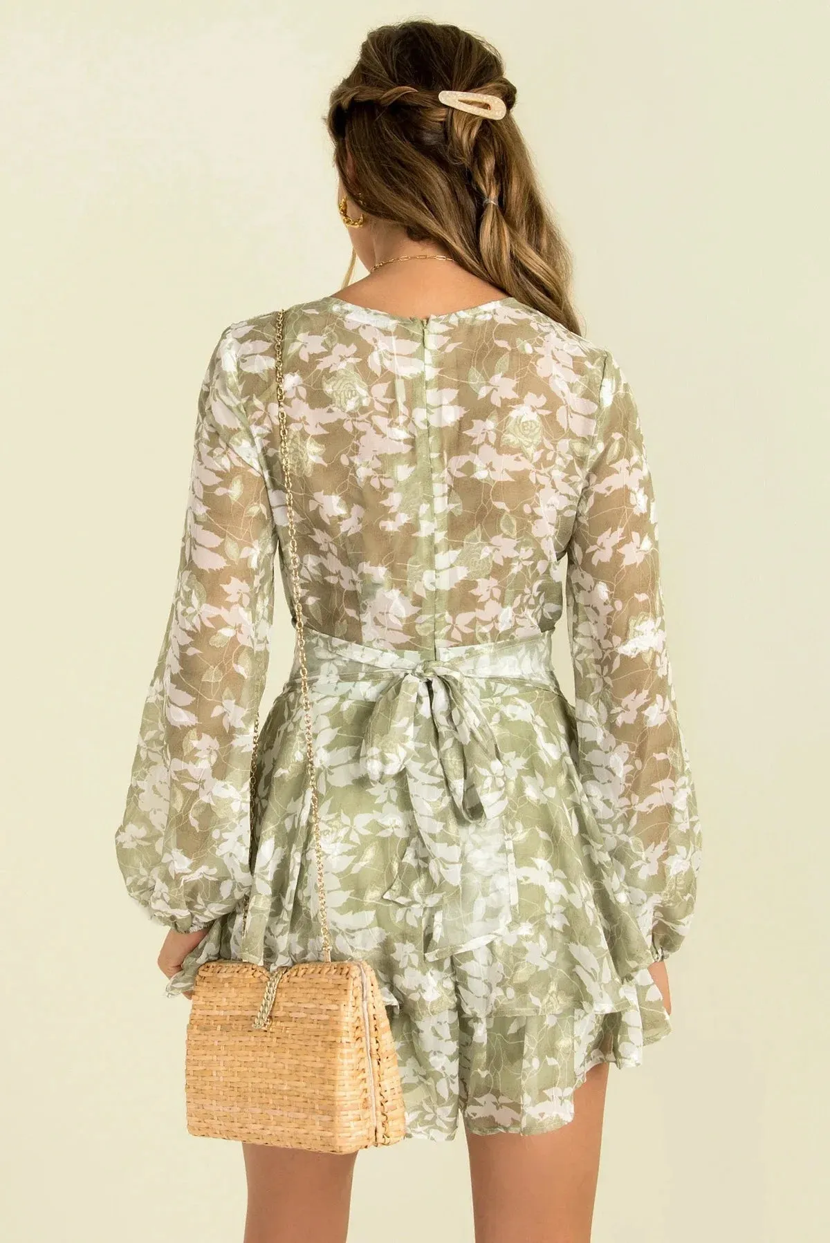Long Sleeve Floral Print Bohemian Ruffles V Neck Rompers Dress