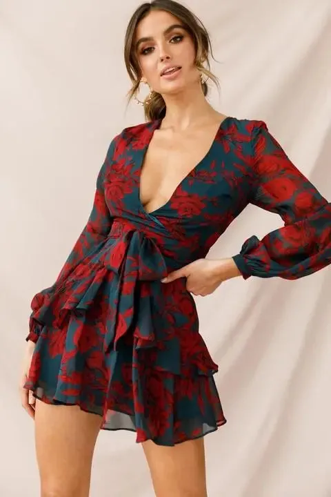 Long Sleeve Floral Print Bohemian Ruffles V Neck Rompers Dress