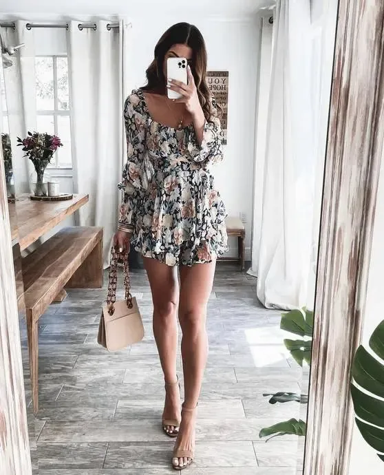 Long Sleeve Floral Print Bohemian Ruffles V Neck Rompers Dress