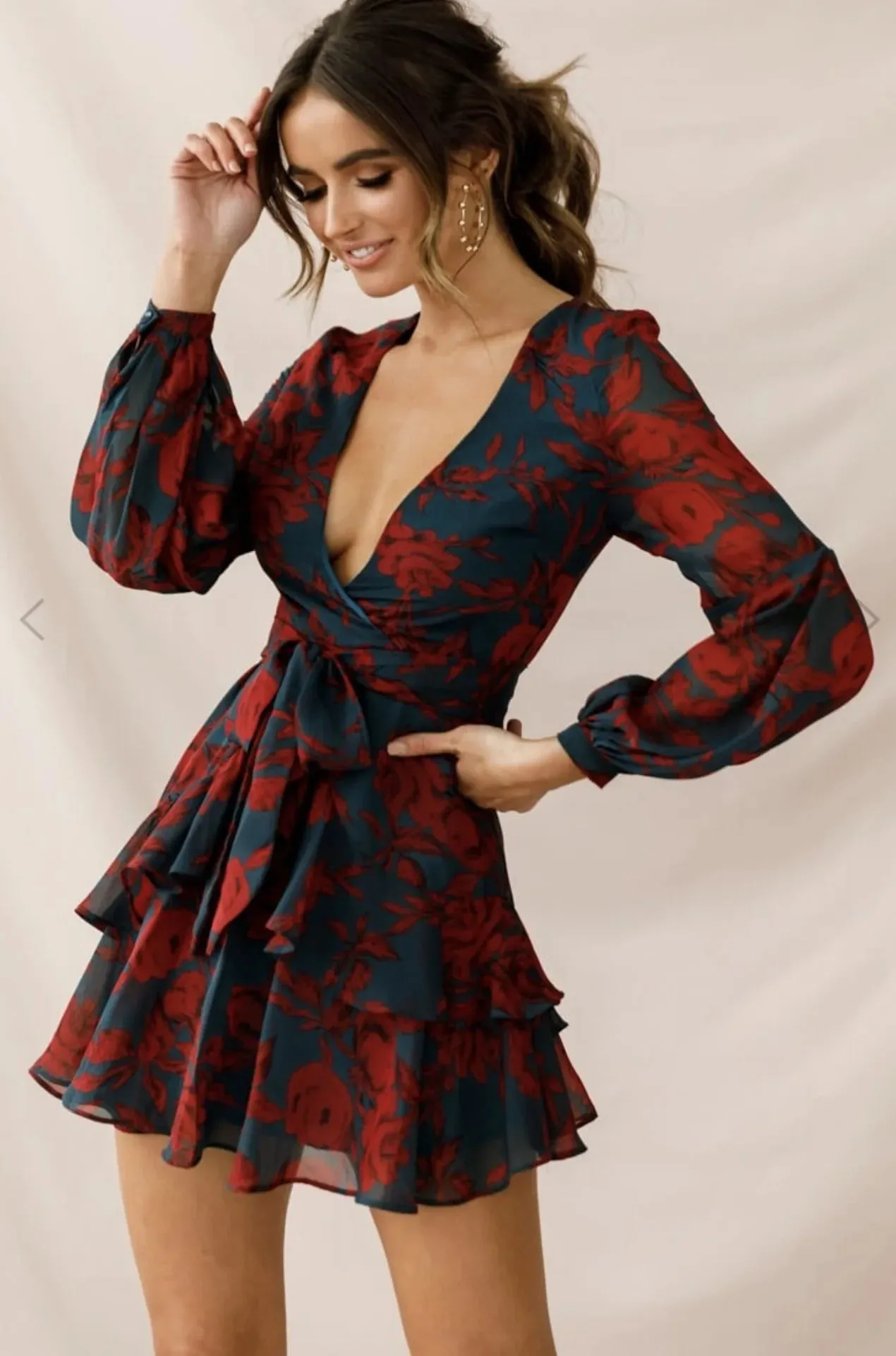 Long Sleeve Floral Print Bohemian Ruffles V Neck Rompers Dress