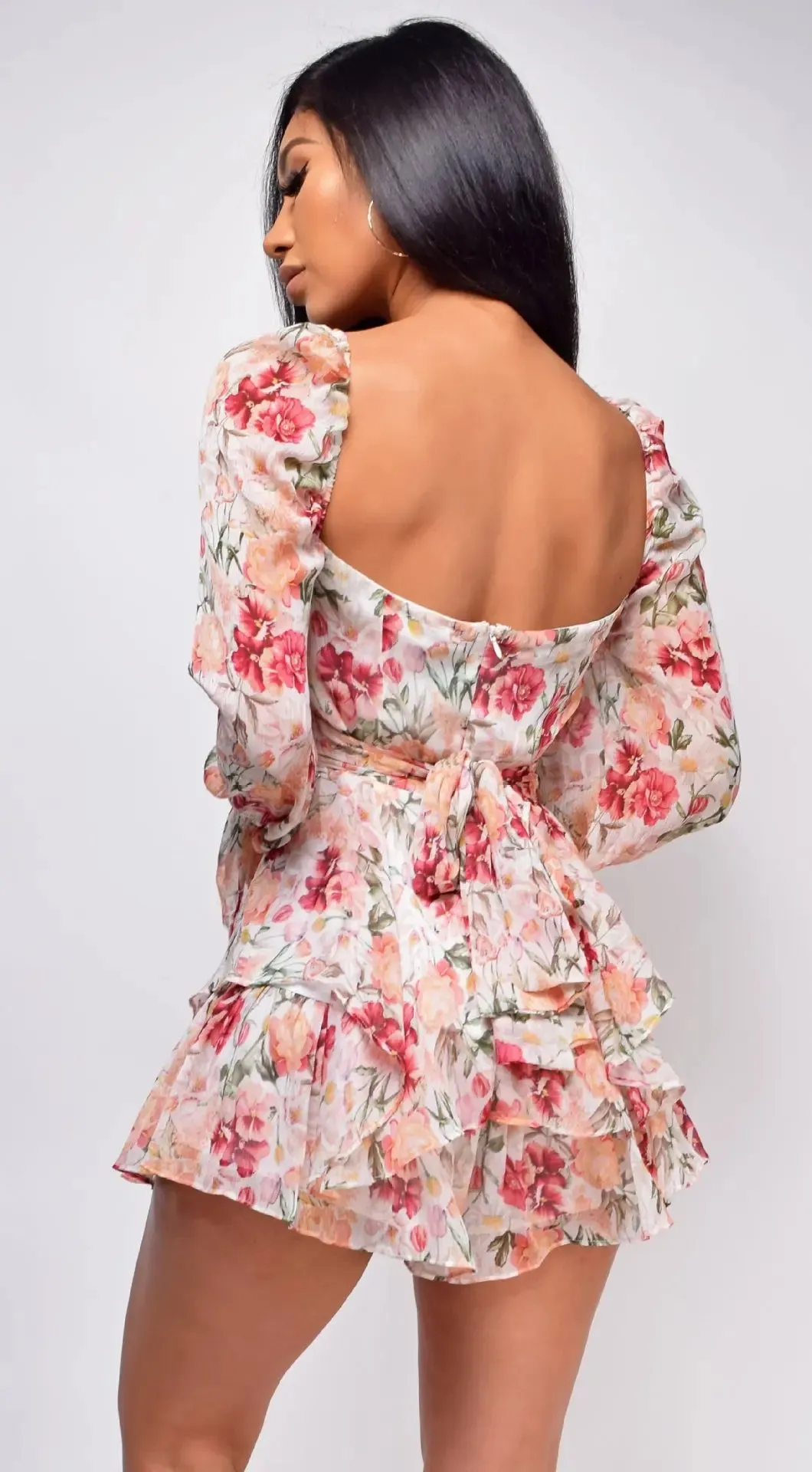 Long Sleeve Floral Print Bohemian Ruffles V Neck Rompers Dress