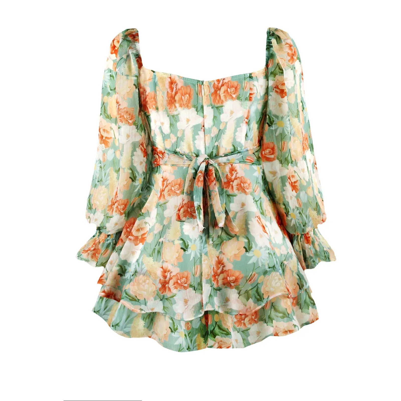 Long Sleeve Floral Print Bohemian Ruffles V Neck Rompers Dress