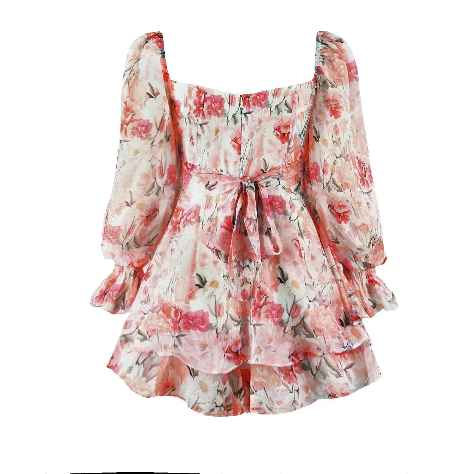 Long Sleeve Floral Print Bohemian Ruffles V Neck Rompers Dress