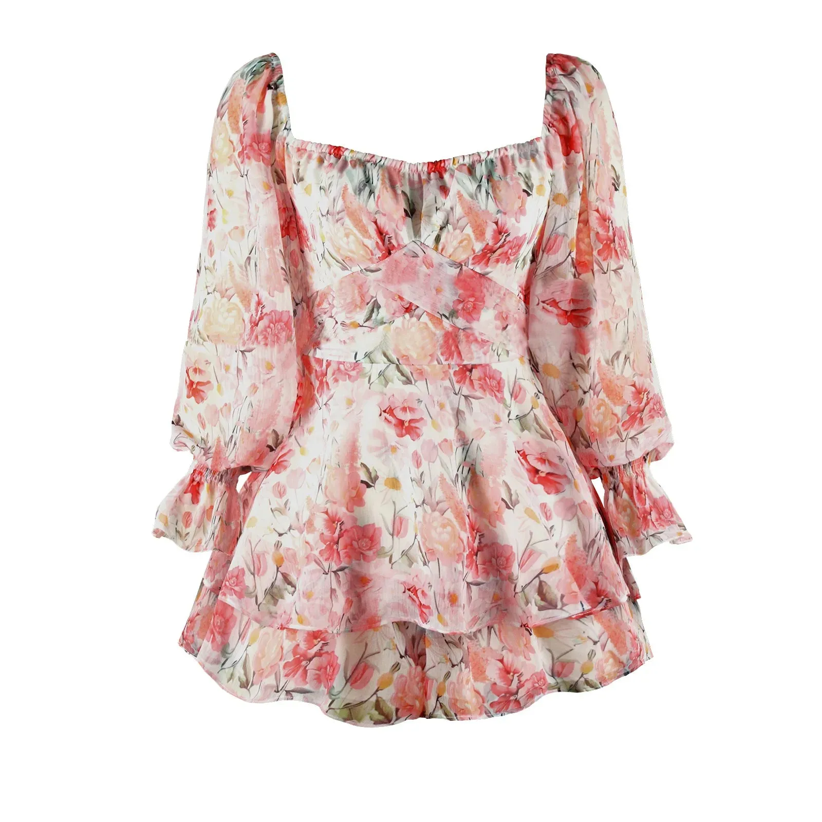 Long Sleeve Floral Print Bohemian Ruffles V Neck Rompers Dress