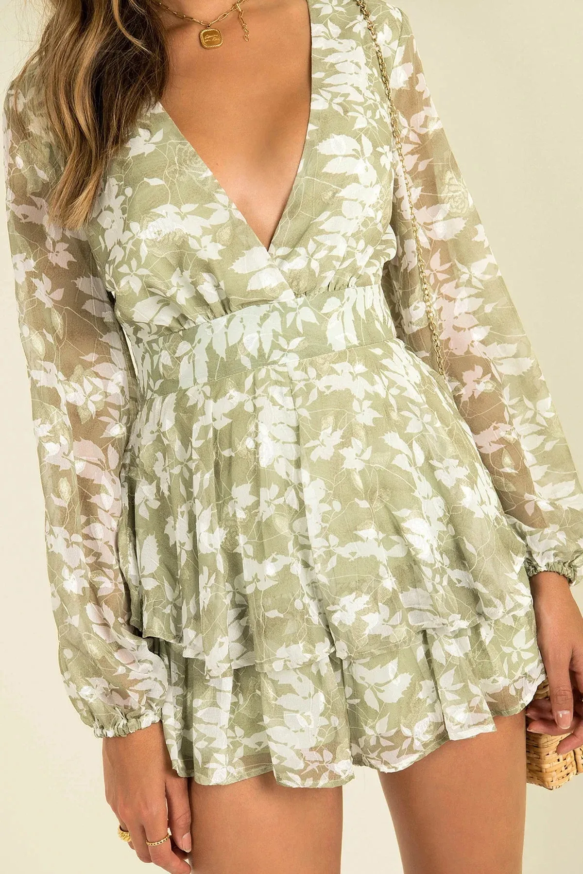Long Sleeve Floral Print Bohemian Ruffles V Neck Rompers Dress