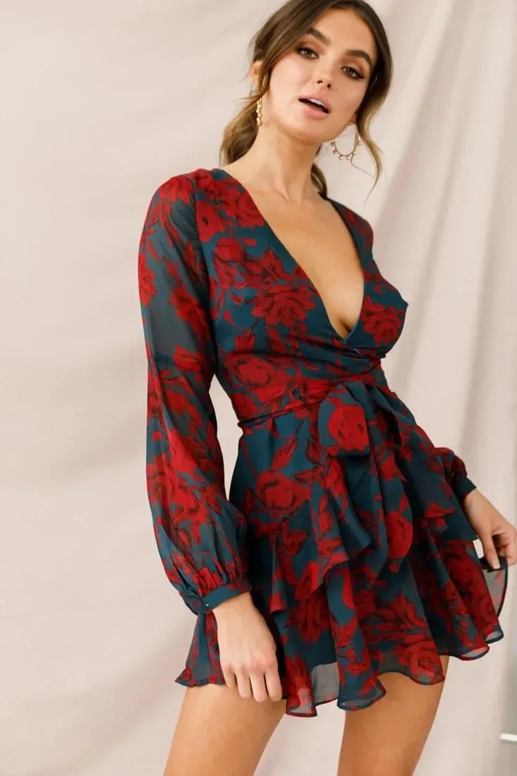 Long Sleeve Floral Print Bohemian Ruffles V Neck Rompers Dress