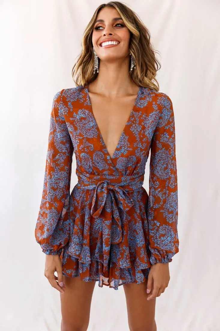Long Sleeve Floral Print Bohemian Ruffles V Neck Rompers Dress