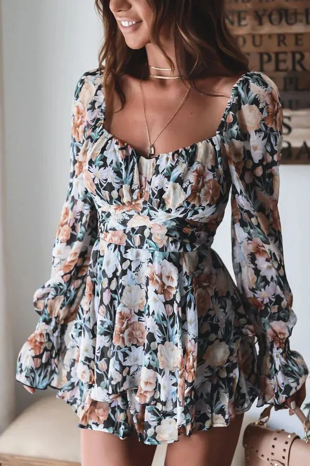 Long Sleeve Floral Print Bohemian Ruffles V Neck Rompers Dress