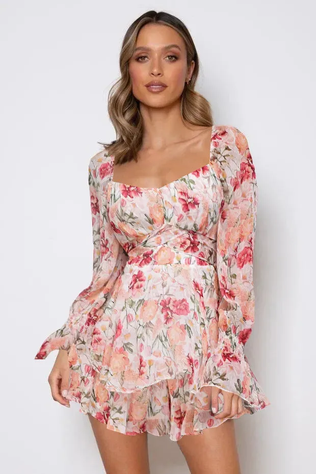 Long Sleeve Floral Print Bohemian Ruffles V Neck Rompers Dress