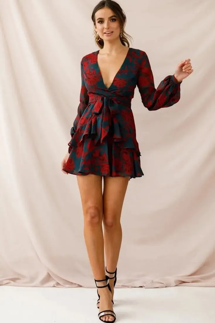Long Sleeve Floral Print Bohemian Ruffles V Neck Rompers Dress