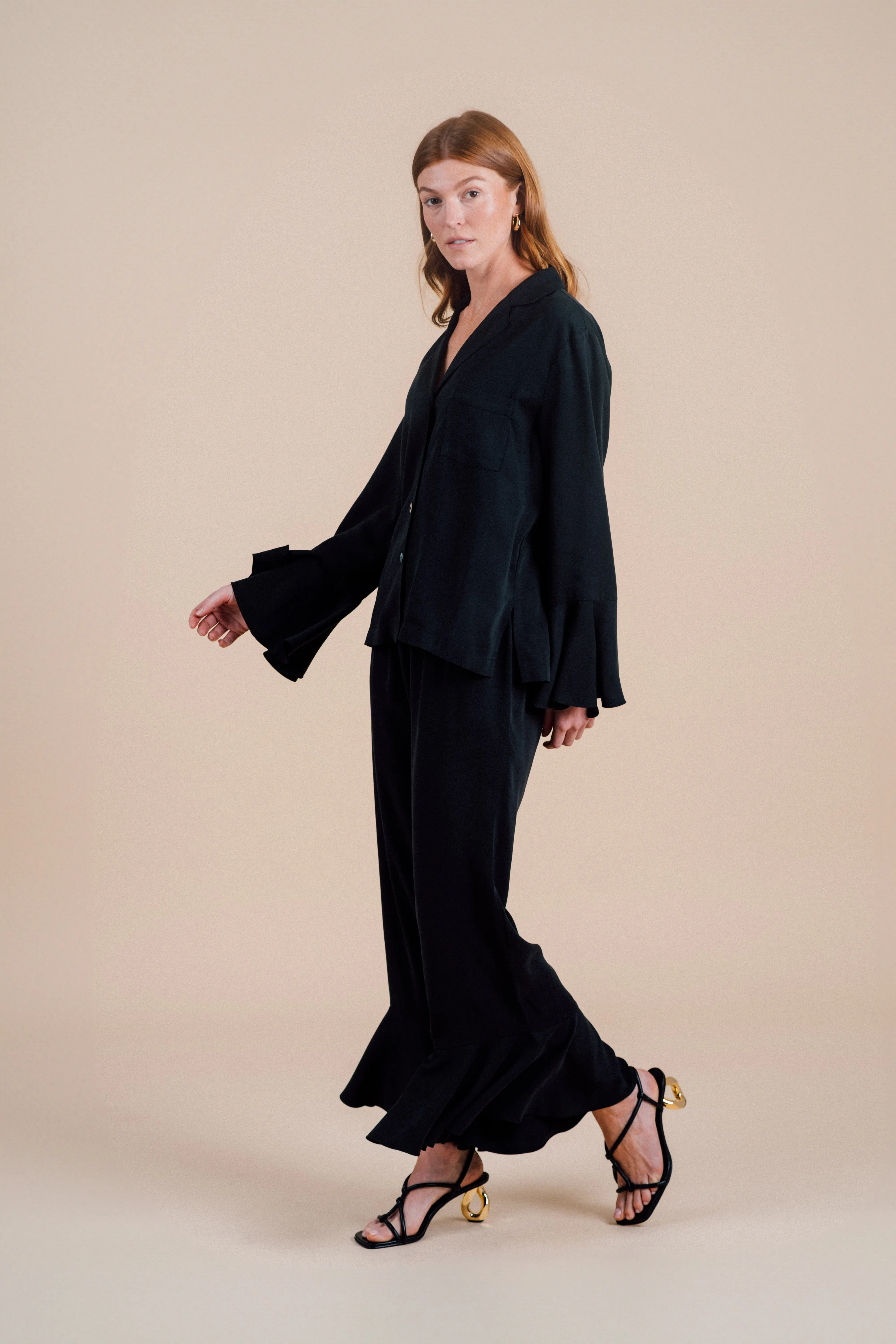Long Sleeve Ruffle Pant Set - Black Night