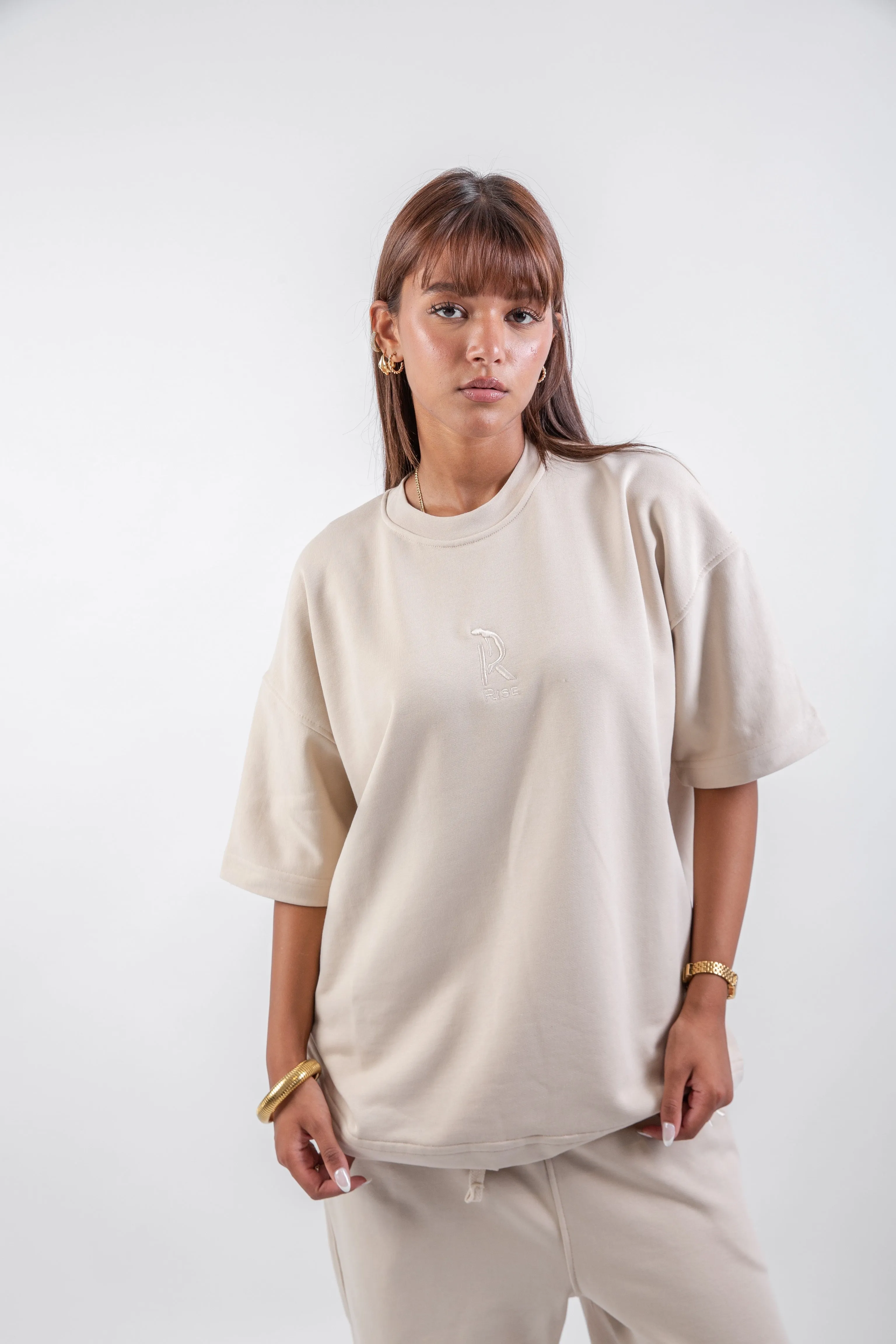 Loose Drawstring Sweatpant & Chill Sleeve T-shirt Beige Set
