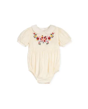 Loron - Floral Embroidery Puff Sleeve Romper