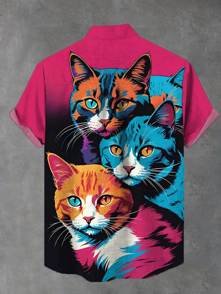 Men's Cute Art Cat Print Short Sleeve Shirt
