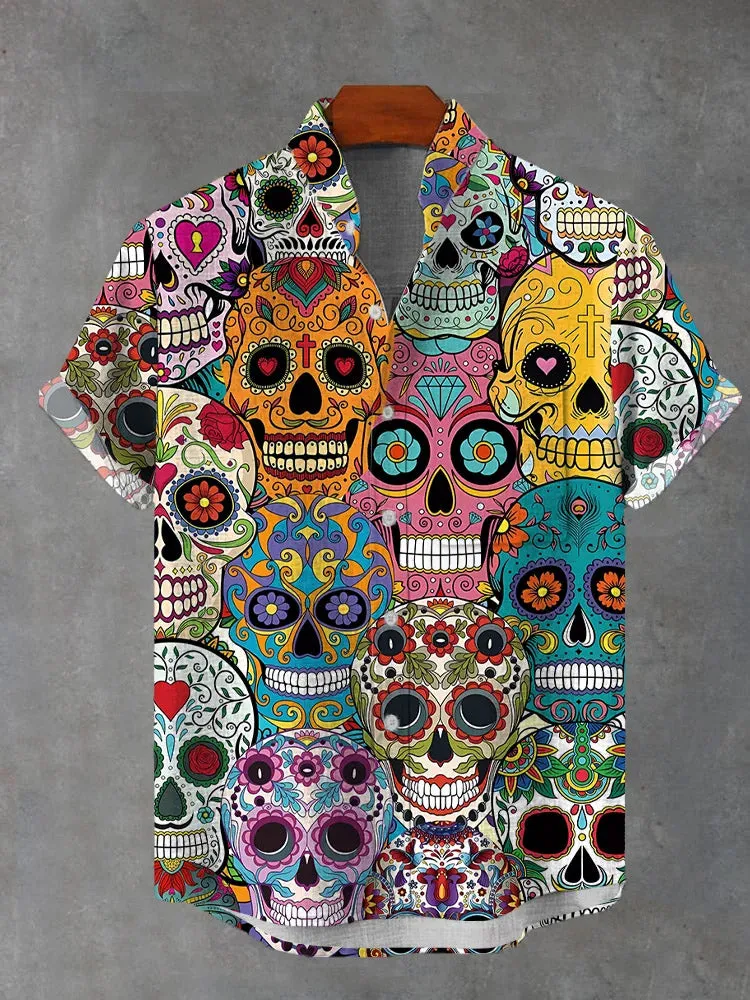 Men's Stand Collar Skull Print Short Sleeve Shirt