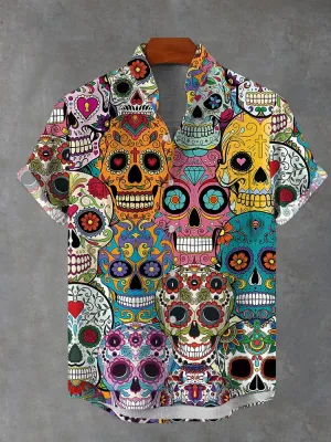 Men's Stand Collar Skull Print Short Sleeve Shirt