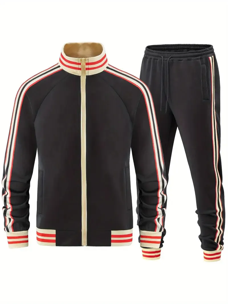Men's Striped Tracksuit Set - Stand-Up Collar Pull Over and Sports Pants for Activewear