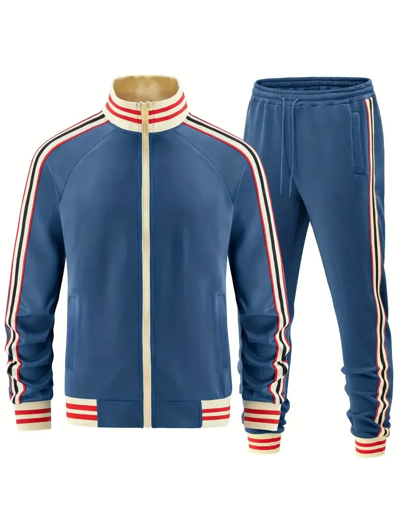 Men's Striped Tracksuit Set - Stand-Up Collar Pull Over and Sports Pants for Activewear