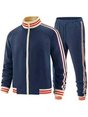 Men's Striped Tracksuit Set - Stand-Up Collar Pull Over and Sports Pants for Activewear